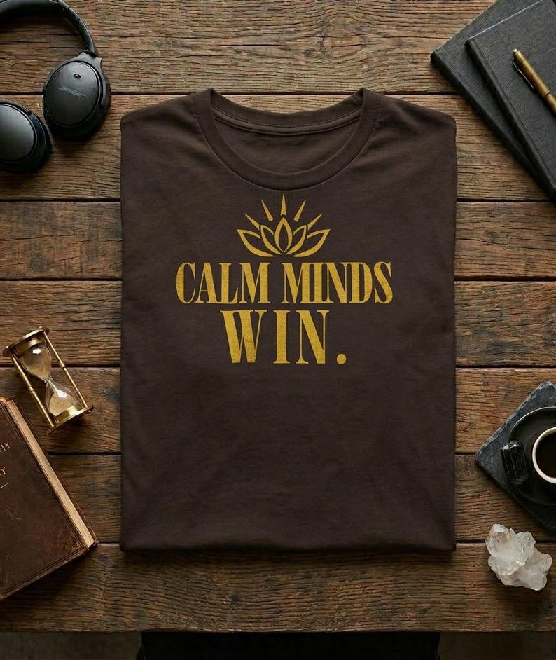 May include: A dark brown t-shirt featuring a gold graphic of a lotus flower icon above the text "CALM MINDS WIN." The shirt has a crew neckline and short sleeves, presented as a flat lay garment with a centered, bold, sans-serif typographic design.