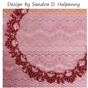 May include: A close-up of a red beaded necklace or bracelet pattern. The pattern is made with small seed beads and larger crystals. The text "Bead Store" is visible at the bottom of the image. The text below the bead store heading reads: "A = Toho Gold Luster Rose 11° SEED bead, 50* beads B = 4mm Fire-polished Rosealine Crystals, 3* beads *Beads counts are per repeat (Unit), each Unit is about 3/4 inch."