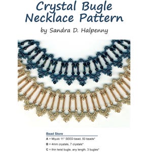 Op de afbeelding: Een close-up van een kristal bugle kettingpatroon. De ketting is gemaakt met drie verschillende soorten kralen: Miyuki 11° SEED kralen, 4 mm kristallen en dunne twist bugles. Het patroon is ingewikkeld en elegant.