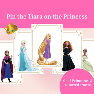 Disney Princess Pin the Crown Tiara, Printable Disney Birthday Hens Party Game, Royal Princess,  Pin the Tail Rapunzel Elsa Ana Tiana Merida