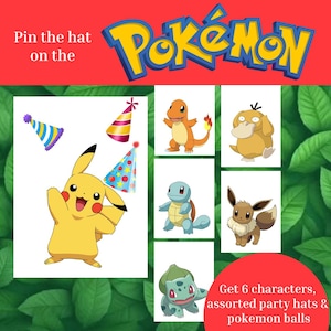 Könnte beinhalten: Ein Pin the hat on the Pokémon Spielset mit einer großen Pikachu-Illustration, drei bunten Partyhüten und sechs einzelnen Charakterkarten, darunter Glumanda, Enton, Schiggy, Evoli und Bisasam mit dem Text Get 6 characters, assorted party hats & pokemon balls.