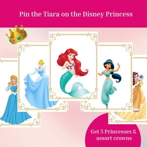 Disney Princess Pin the Crown Tiara, Printable Birthday Hens Girl Party Game, Princess Pin the Tail, Ariel Jasmine Cinderella Belle Aurora