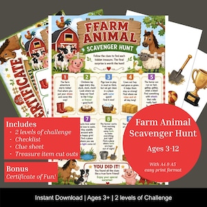 Farm Animal Scavenger Hunt | 2-Level Printable Game for Kids Age 3-10 | Farm Birthday Party Activity | Old MacDonald Instant Screen-Free Fun