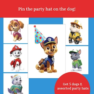 May include: A game featuring cartoon dogs with assorted party hats. The text "Pin the party hat on the dog!" is at the top. The bottom right corner has the text "Get 5 dogs & assorted party hats".
