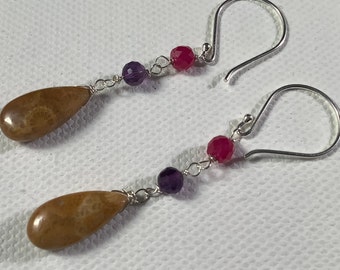 Coral fossil, amethyst, red corundum, sterling silver gemstone earrings. Long dangle Fall Autumn color earrings. Red, purple tan earrings.