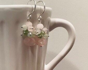 Pink gemstone cluster earrings, pink morganite, green aquamarine, peridot, Spring earrings