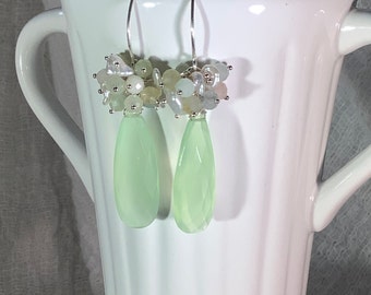 Sea foam green chalcedony, aquamarine and Kieshi pearls, sterling silver cluster drop earrings bridal earrings, gemstone earrings