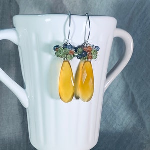 Golden yellow Chalcedony, Orange Sapphires, Green Peridot, Iolite Gemtone cluster sterling silver earrings image 2