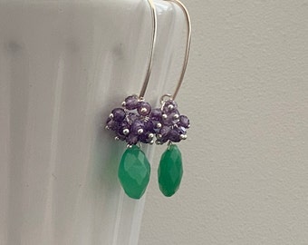 Green Chalcedony Purple Zircon sterling silver cluster earrings.  Gemstone cluster earrings.