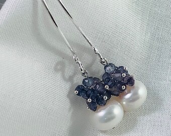 Iolite, Freshwater Pearls and sterling silver cluster earrings. Blue Purple Gemstones, Button Pearls and sterling silver long earrings.