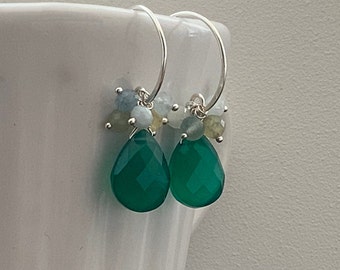 Green Onyx, Aquamarine, sterling silver ear wire earrings. Green teardrop cluster Gemstone earrings