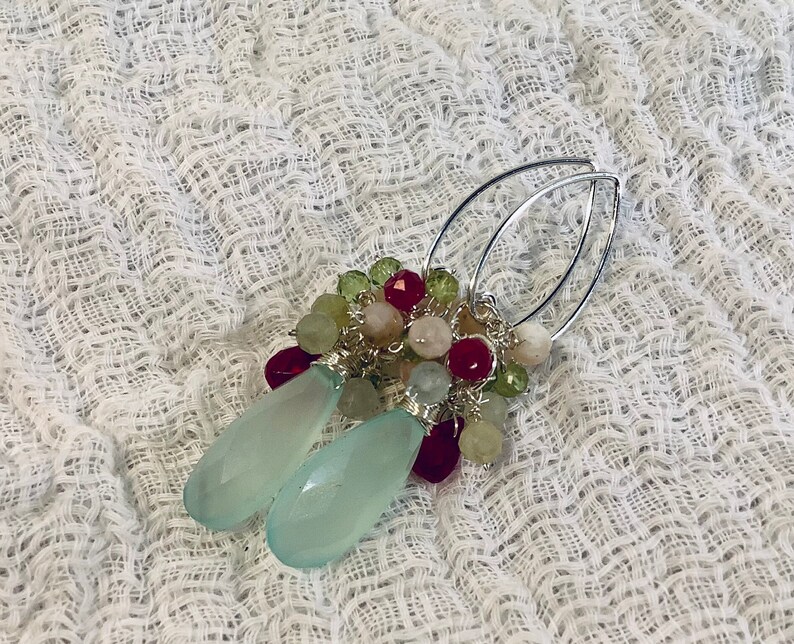 Aqua chalcedony, Aquamarine, Ruby Red Corundum and sterling silver gemstone cluster drop earrings image 5