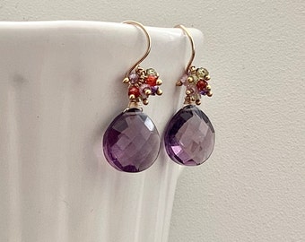 Lavender quartz teardrop earrings, purple mix gemstone cluster and sterling silver, bridal earrings, birthday gift