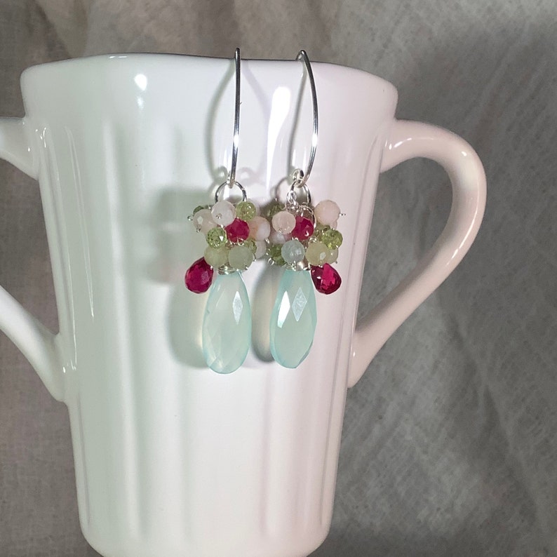 Aqua chalcedony, Aquamarine, Ruby Red Corundum and sterling silver gemstone cluster drop earrings image 1