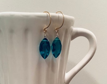 Teal green marquis quartz drop vermeil earrings, green and gold vermeil wire wrapped dangle earrings