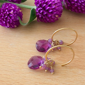 Raspberry Quartz teardrop and Ruby gemstone rondells 14k gold filled cluster earrings.