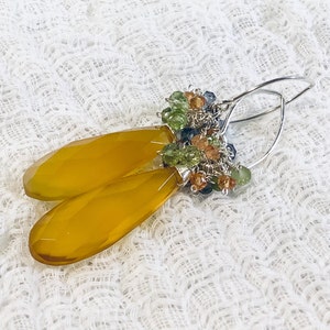 Golden yellow Chalcedony, Orange Sapphires, Green Peridot, Iolite Gemtone cluster sterling silver earrings image 1