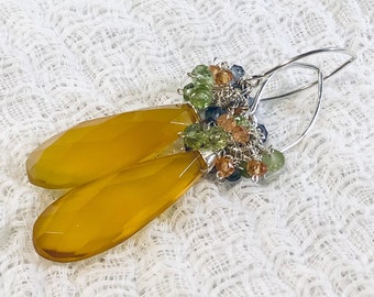 Golden yellow Chalcedony, Orange Sapphires, Green Peridot, Iolite Gemtone cluster sterling silver earrings