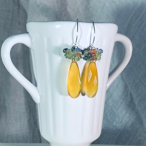 Golden yellow Chalcedony, Orange Sapphires, Green Peridot, Iolite Gemtone cluster sterling silver earrings image 5
