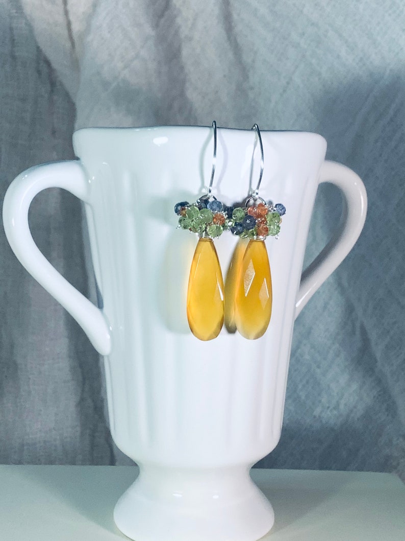Golden yellow Chalcedony, Orange Sapphires, Green Peridot, Iolite Gemtone cluster sterling silver earrings image 5