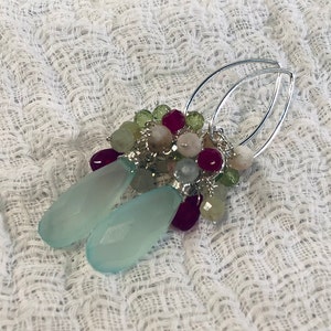 Aqua chalcedony, Aquamarine, Ruby Red Corundum and sterling silver gemstone cluster drop earrings image 6