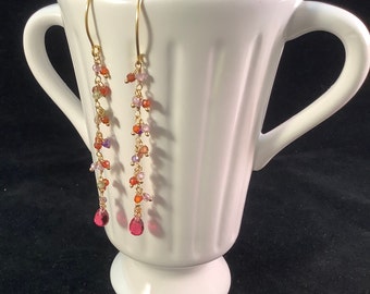 Multi gemstones corundum vermeil long dangle earrings. 3 inch long gemstone earrings 14k gold vermeil ear wires, Spring floral earrings