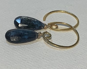 Blue Kyanite teardrop 14k gold vermeil wire wrapped earrings. Blue gemstone gold drop earrings