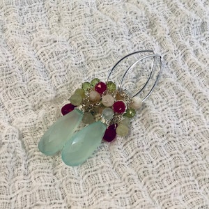 Aqua chalcedony, Aquamarine, Ruby Red Corundum and sterling silver gemstone cluster drop earrings image 2