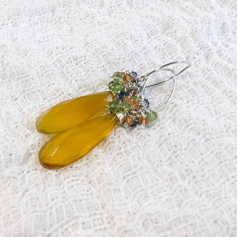 Golden yellow Chalcedony, Orange Sapphires, Green Peridot, Iolite Gemtone cluster sterling silver earrings image 3