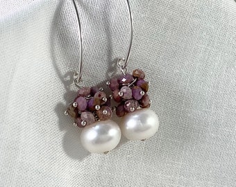 Mauve, pink, purple, lilac, brown cluster gemstones, button pearls and sterling silver cluster earrings.