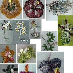 Puede incluir: Una colección de flores de cuentas, incluyendo hibiscos, orquídeas y varias flores más pequeñas. Las flores están hechas con cuentas de varios colores, incluyendo blanco, rosa, morado, verde y naranja.