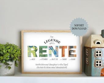 May include: A printable digital download of a retirement card. The card features the word "RENTE" spelled out in large letters made of euro bills. The text "Eine Legende geht in Rente" is written above the word "RENTE".