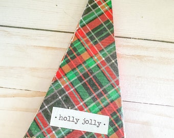 Holly jolly Christmas tree plaid wooden sign for tiered tray