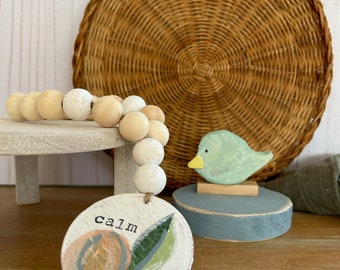 Calm Wall Hanging, tiered tray decor, tiered tray kit, three piece set, wooden bird sign, wooden riser