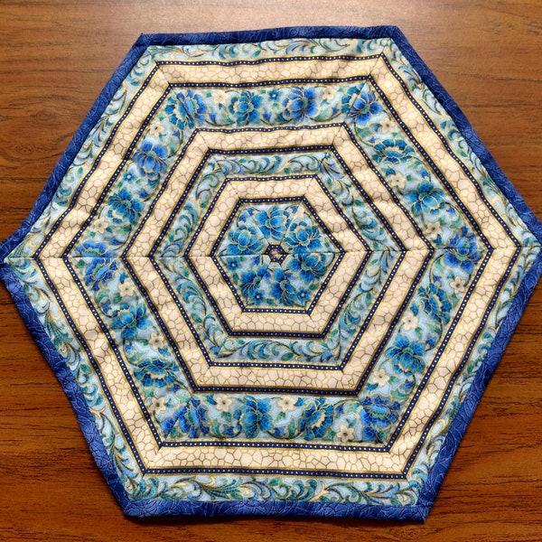 Hand Quilted Hexagonal Blue and Cream Table Topper / Candle Mat