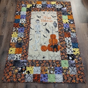 Patchwork Halloween, Skeleton, Black Cat & Pumpkin Lap Quilt