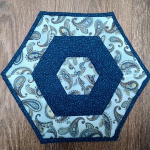 Hand Quilted Hexagonal Blue & Teal Paisley Table Topper / Candle Mat