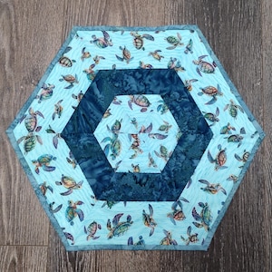 Hand Quilted Hexagonal Sea Turtles Table Topper / Candle Mat