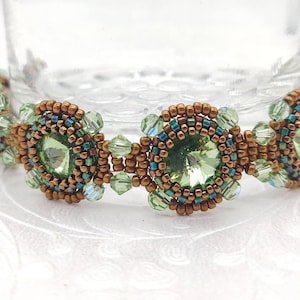 Handmade Bronze Beaded Bracelet: Swarovski Peridot Crystal Rivolis