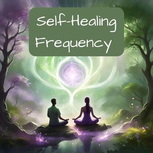 Puede incluir: Dos personas se sientan en una postura meditativa en un entorno boscoso, frente a frente. Una luz brillante y giratoria emana de un árbol en el fondo. El texto "Self-Healing Frequency" se muestra en un cuadro verde en la parte superior de la imagen.