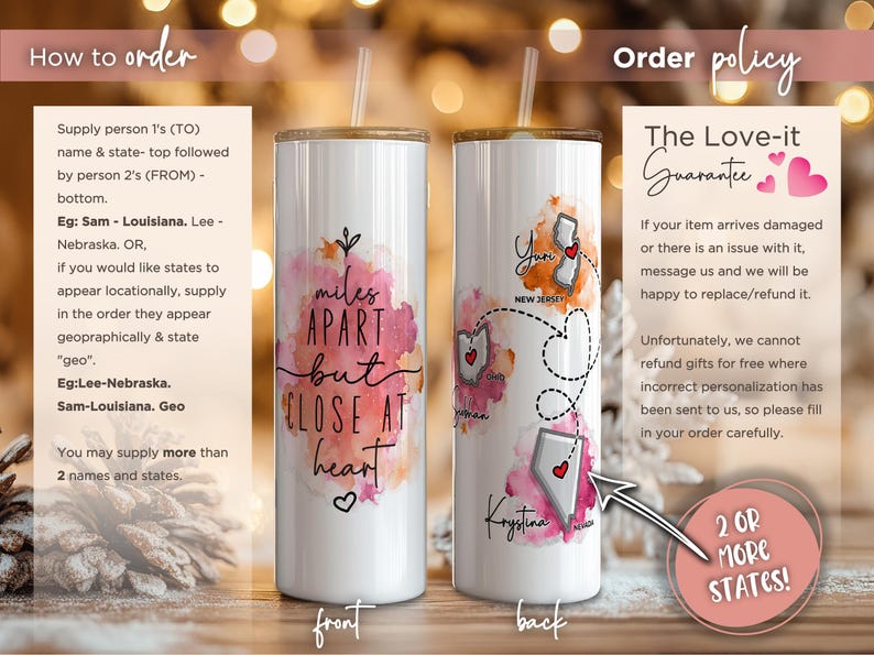Pu&ograve; includere: Un bicchiere da viaggio bianco con coperchio dorato, con un design ad acquerello con le parole "miles apart but close at heart". Il design include contorni di stati e nomi, perfetto per regali personalizzati.