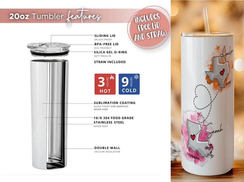 Pu&ograve; includere: Un bicchiere in acciaio inossidabile da 591 ml con coperchio e cannuccia. Il bicchiere presenta un design con gli stati del Texas e della Louisiana, con i nomi Amelia e Sarah. Mantiene le bevande calde per 3 ore e fredde per 9 ore.