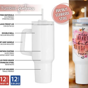 Pu&ograve; includere: Un bicchiere bianco da 1,18 litri con manico e cannuccia. Il bicchiere presenta il testo "miles apart but close at heart" in un design ad acquerello. &Egrave; realizzato in acciaio inossidabile e mantiene le bevande calde o fredde per 12 ore.