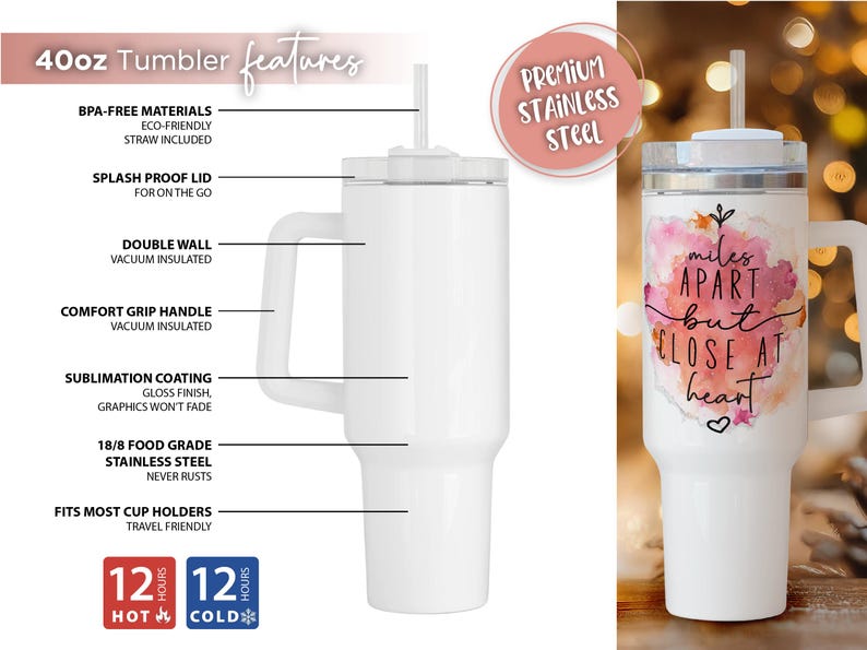 Pu&ograve; includere: Un bicchiere bianco da 1,18 litri con manico e cannuccia. Il bicchiere presenta il testo "miles apart but close at heart" in un design ad acquerello. &Egrave; realizzato in acciaio inossidabile e mantiene le bevande calde o fredde per 12 ore.