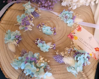 BLUE LAVENDER – Floral boho wedding accessories, hairpins, combs, bracelets, earrings, boutonnieres - turquoise blue and purple