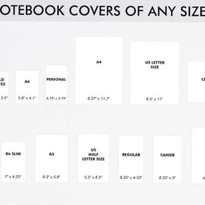 May include: A chart showing different notebook cover sizes in inches. The sizes include Passport, Field Notes, A6, Personal, A4, US Letter, Custom, B6, B6 Slim, A5, US Half Letter, Regular, and Cahier.