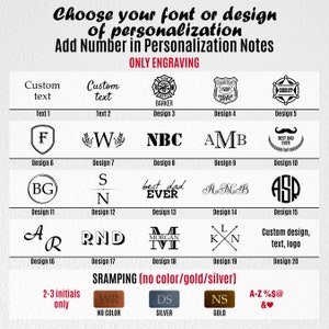 May include: A chart showing 20 different font and design options for personalized engraving. The options include text, initials, logos, and symbols. The chart also includes options for no color, silver, and gold.