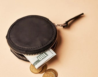 Monedero de cambio para hombre, Monedero de cuero, Bolsa de cuero pequeña con cremallera, Bolsa de cambio de cuero, Bolsa pequeña con cremallera para bolso, Bolsa de monedas de cuero