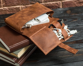 Travel tech case, Cable organizer travel, Leather tech pouch, Apple charger case, Cable cord organizer, Tech accessory, Charger holder