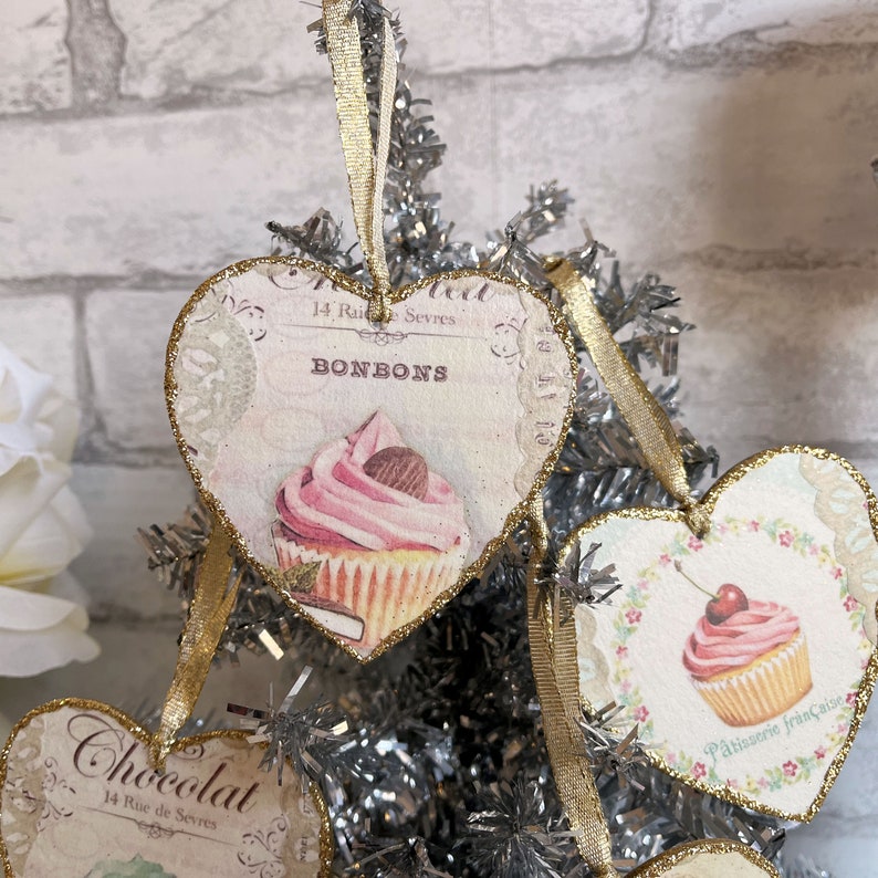 French Pâtisserie Cupcake Gâteau Valentines Ornaments 4 to Choose From Country Gold Shabby Elegant Chic Knob Hanger Gift Tag Glittered Birds image 4